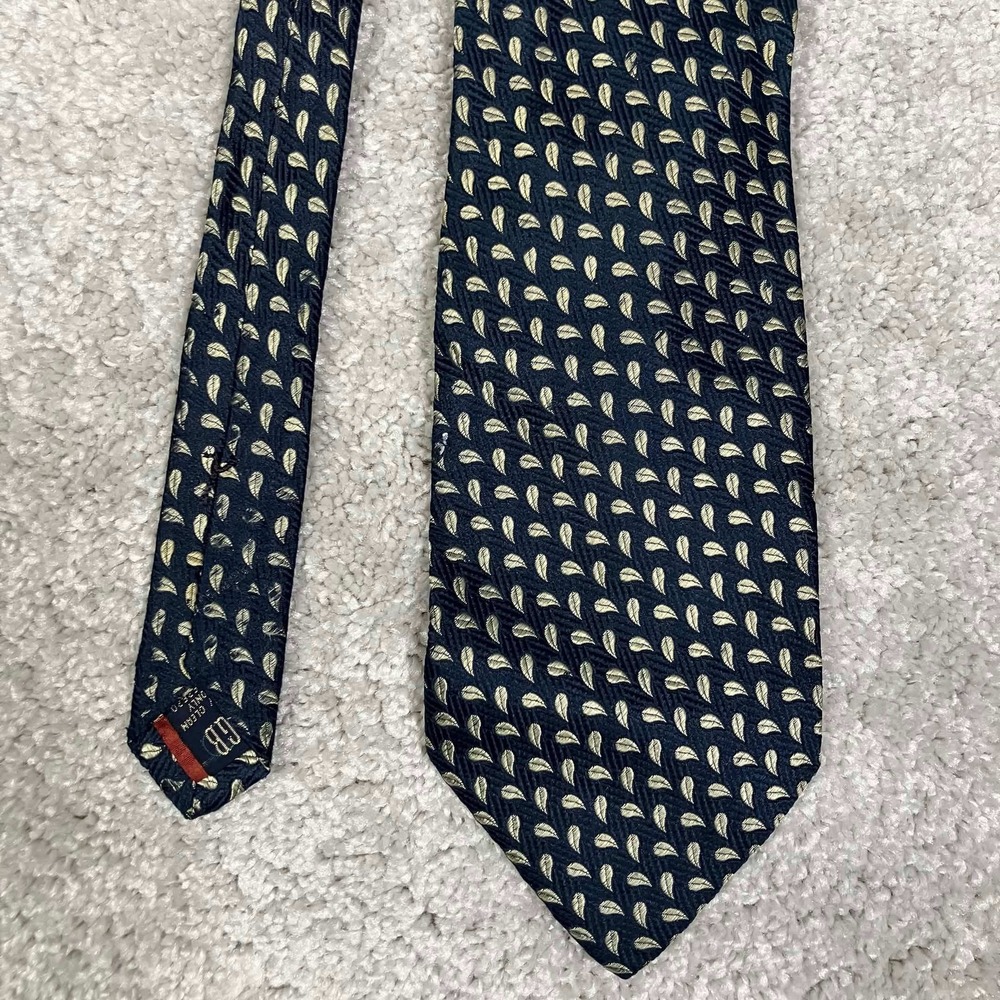 Gitman Bros Silk Tie Mens Navy Blue Gold Leaf Pattern Hand Made USA